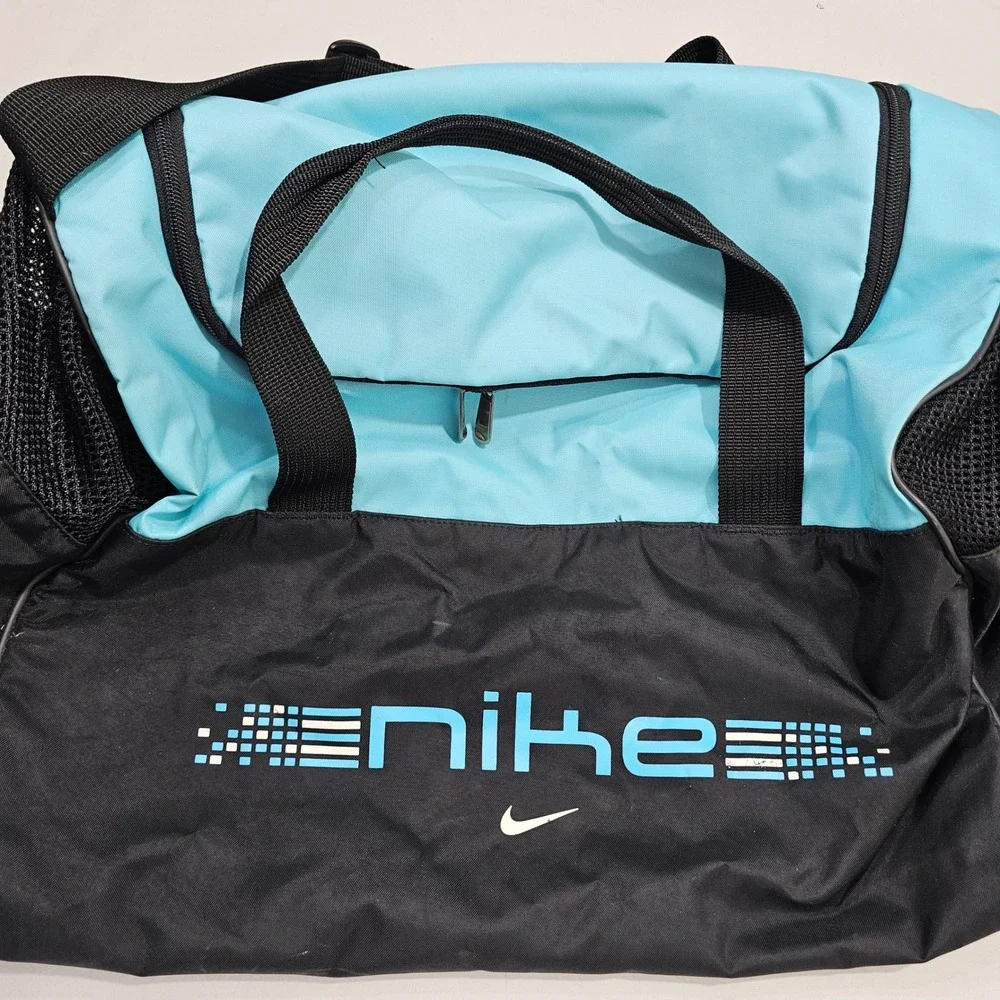 Nike Duffle Bag OS Black Blue Logo Gym Travel Sports Carry On Duffel